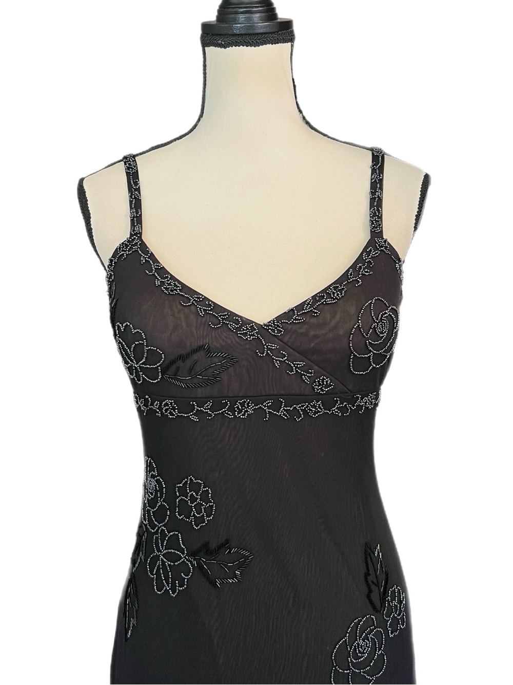 Vintage Cache Sheer Mesh Beaded Floral Formal Slip Dress - Picture 3 of 14